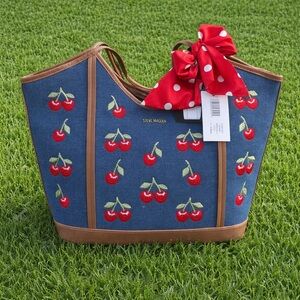 Steve Madden Denim Cherry Tote with Red Accents